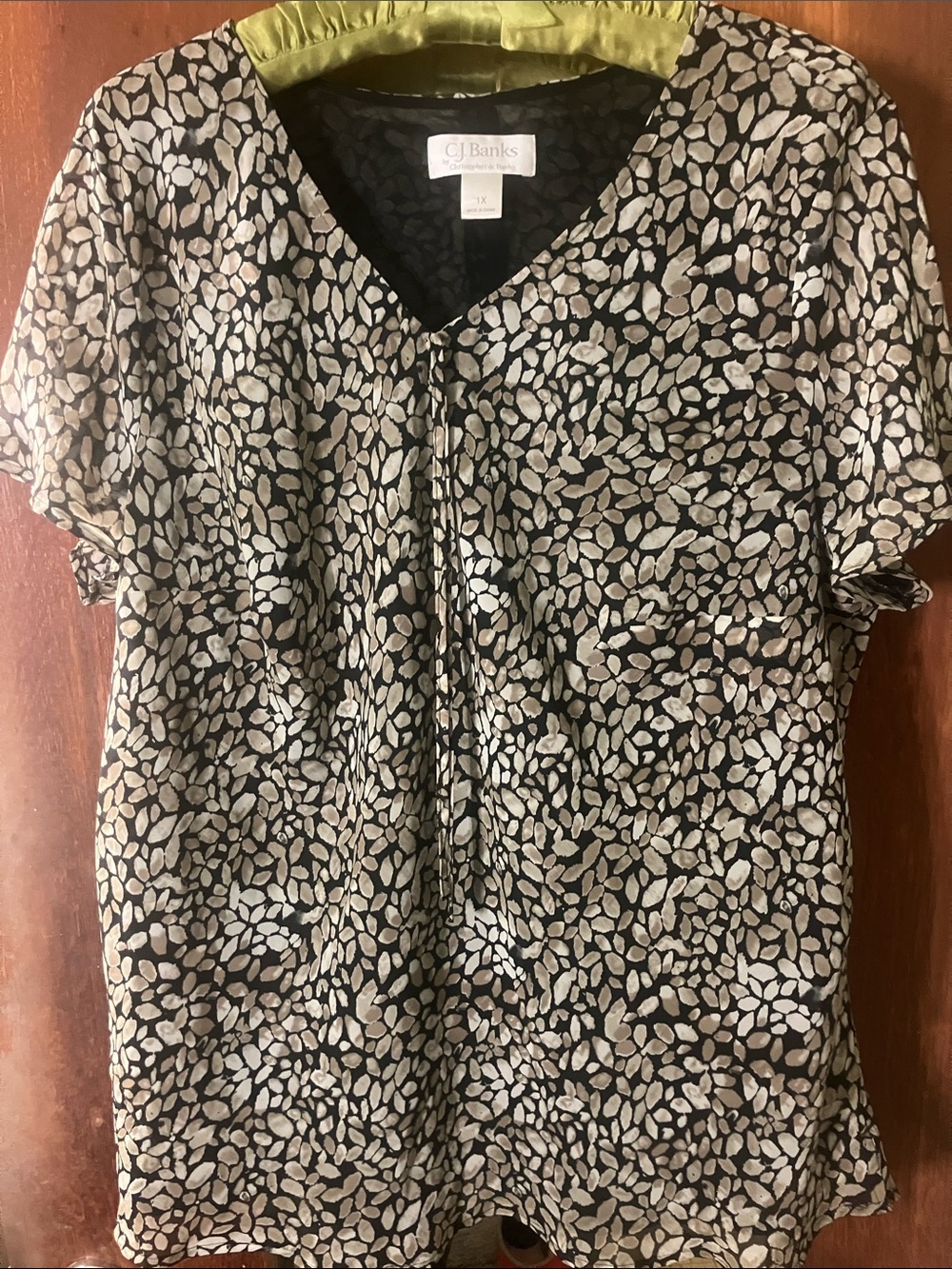 CJ Banks Black and Cream Leaf-Print V-Neck Blouse